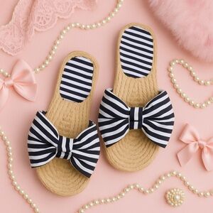 Black & White Striped Bow Knot Slide Sandals Woven Footbed Size 6–7 NWT